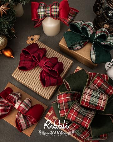 velvet ribbon with plaid wired ribbon