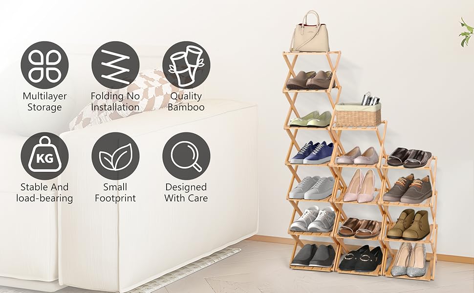 Product feature icons showing multilayer storage, folding installation, and quality bamboo, plus wooden shoe rack with multiple tiers displayed.
