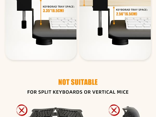 Text reads: 'BETWEEN TRAY SPACE 5.08-15.24MM' and 'NOT SUITABLE FOR SPLIT KEYBOARDS OR VERTICAL MICE'. Technical diagram showing keyboard tray spacing measurements.