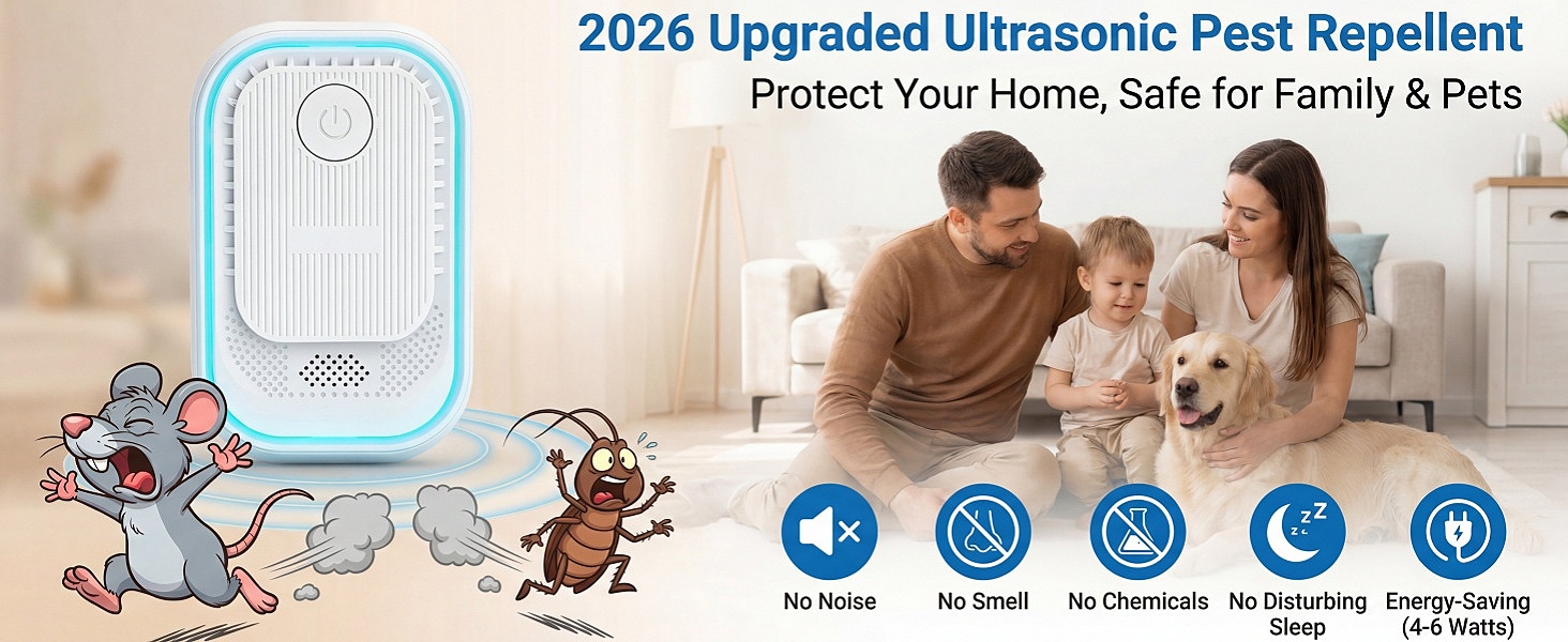 2026 Upgraded Ultrasonic Pest Repellent, safe for family and pets