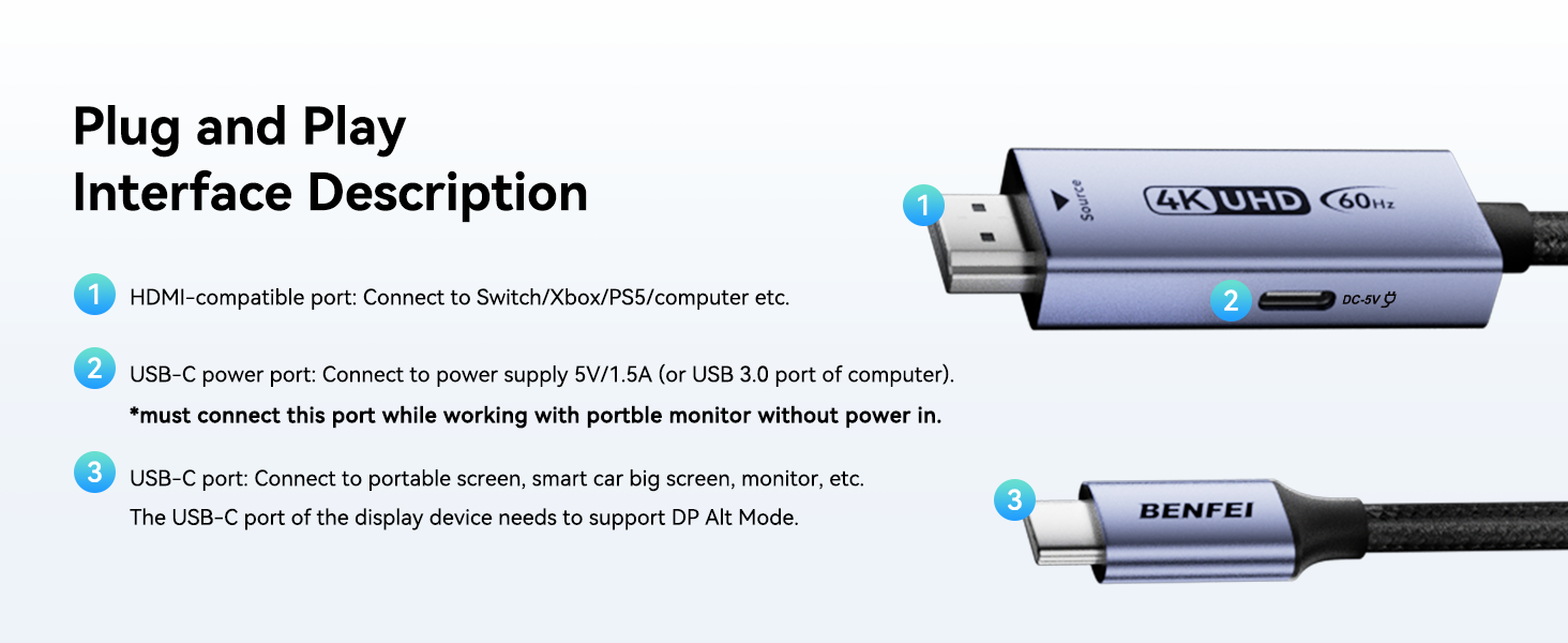 Text reads 'Interface Description' followed by technical diagram showing plug-and-play connectivity features of electronic device with blue connector icons.