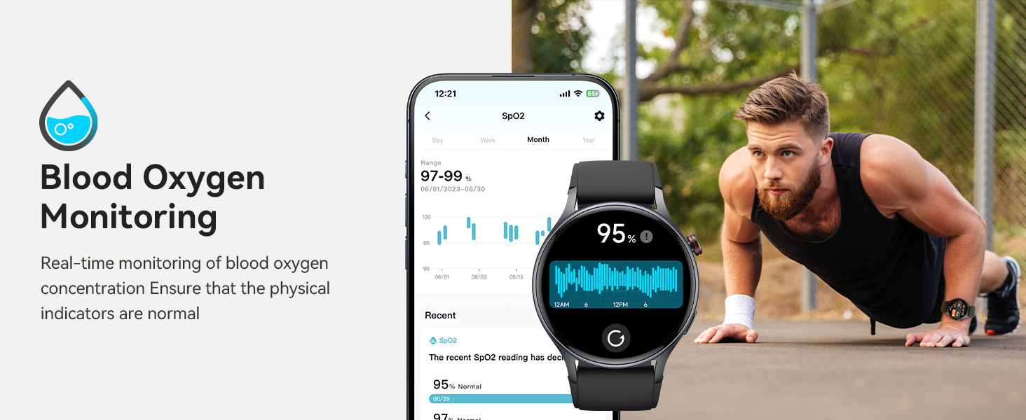 Smartwatch displaying blood oxygen monitoring interface alongside mobile app screenshot showing health data graphs and metrics.