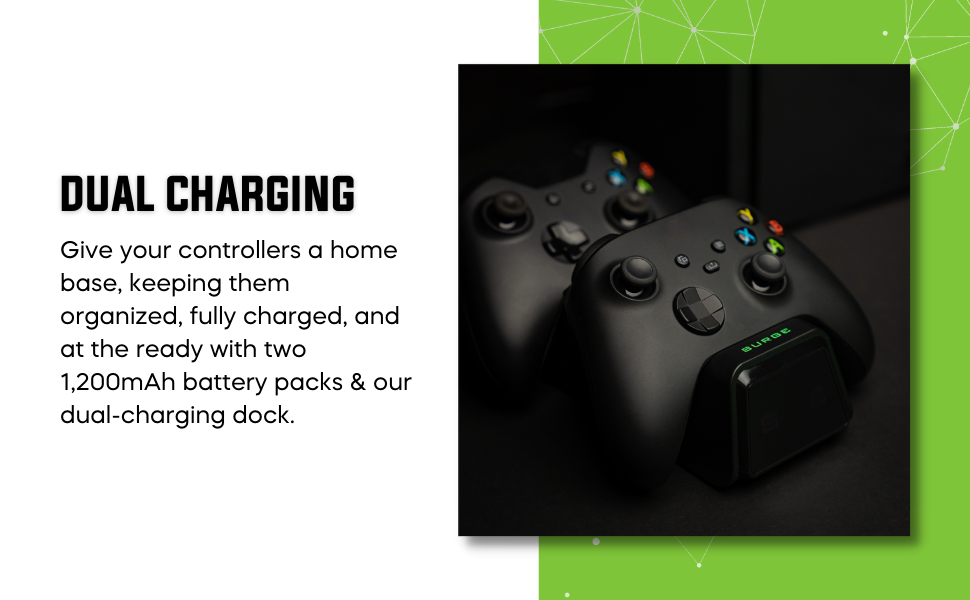 Surge ChargeDock image with Text - Dual Charging dock, keep organized, charged and ready for action