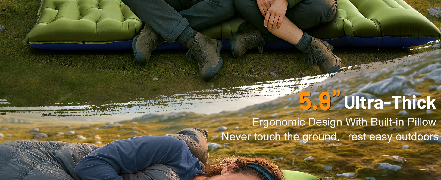 Camping Sleeping Pad,5.9 Inch Thick Camping Mat with Built in Pillow and Foot Pump