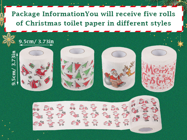 5 Rolls Christmas Toilet Paper Roll Tissue Napkin Santa Tree Pattern for Xmas Holiday