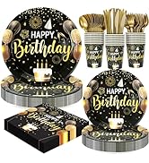 Black and Gold Happy Birthday Party Plates Set, 168PCS Balloons Cake Fireworks Paper Plates Napki...
