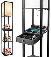 OUTON Floor Lamp with Shelves, 1 Drawer, 2 USB-C Ports, 2 AC Outlets, LED Modern Floor Lamp with ...