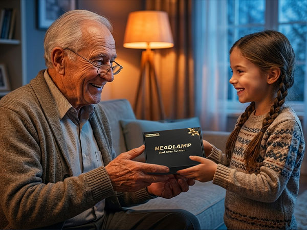 Older man and young girl exchanging a black rectangular device labeled 'FLAIRLASOO' in warmly-lit interior with table lamp. Gift-giving moment in home setting.