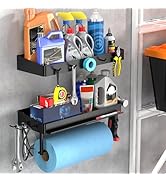 ZUNTO Paper Towel Holder with 2 Shelves, Black Paper Towel Bar with Hooks, Wall Mount Paper Towel...