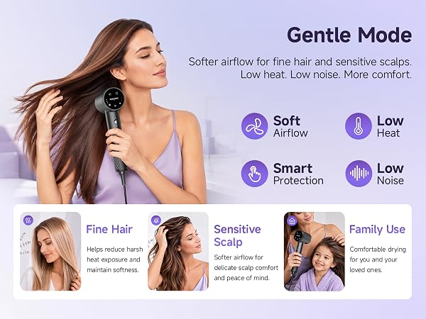 Softer airflow for fine hair and sensitive scalps. Low heat.Low noise. More comfort.