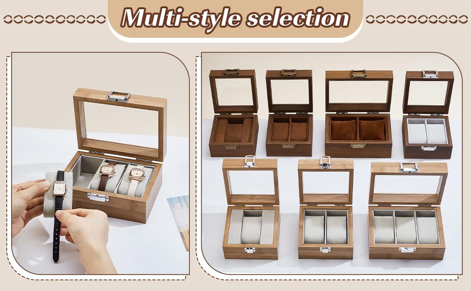 Text reads 'Multi-style selection'. Series of images showing wooden box-like containers with different compartments and configurations.