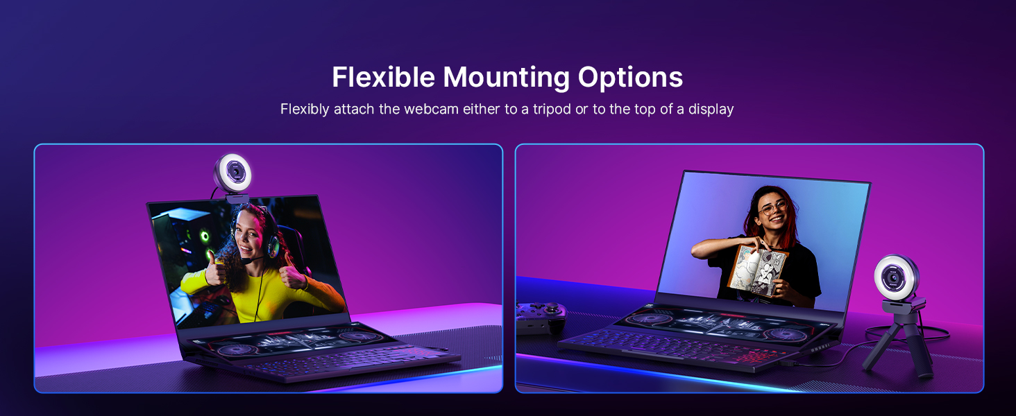 Shows multiple installation methods of N680E Pro on a tripod or mounted on a PC