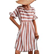 GOTOTOP Women Round Neck Striped Dress Casual Ruffle Sleeve Dress A Line Short Dress for Ladies P...