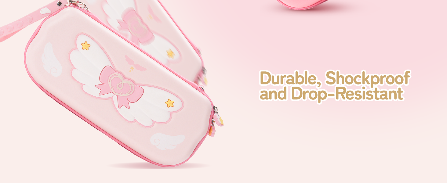Text reads 'Durable, Shockproof and Drop-Resistant'. White tablet or mobile devices shown in multiple angles on pink and white background.