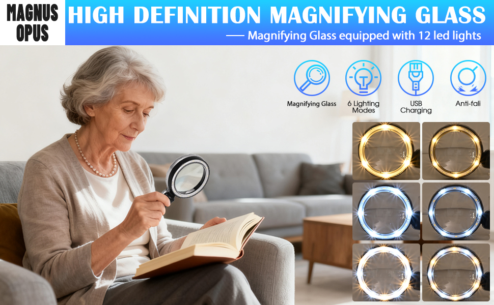HIGH DEFINITION MAGNIFYING GLASS Magnifying Glass equipped with 12 led lights