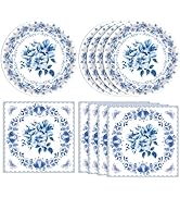 40 PCS Floral Birthday Decorations Blue and White Flower Theme Disposable Tableware Blue Plates a...
