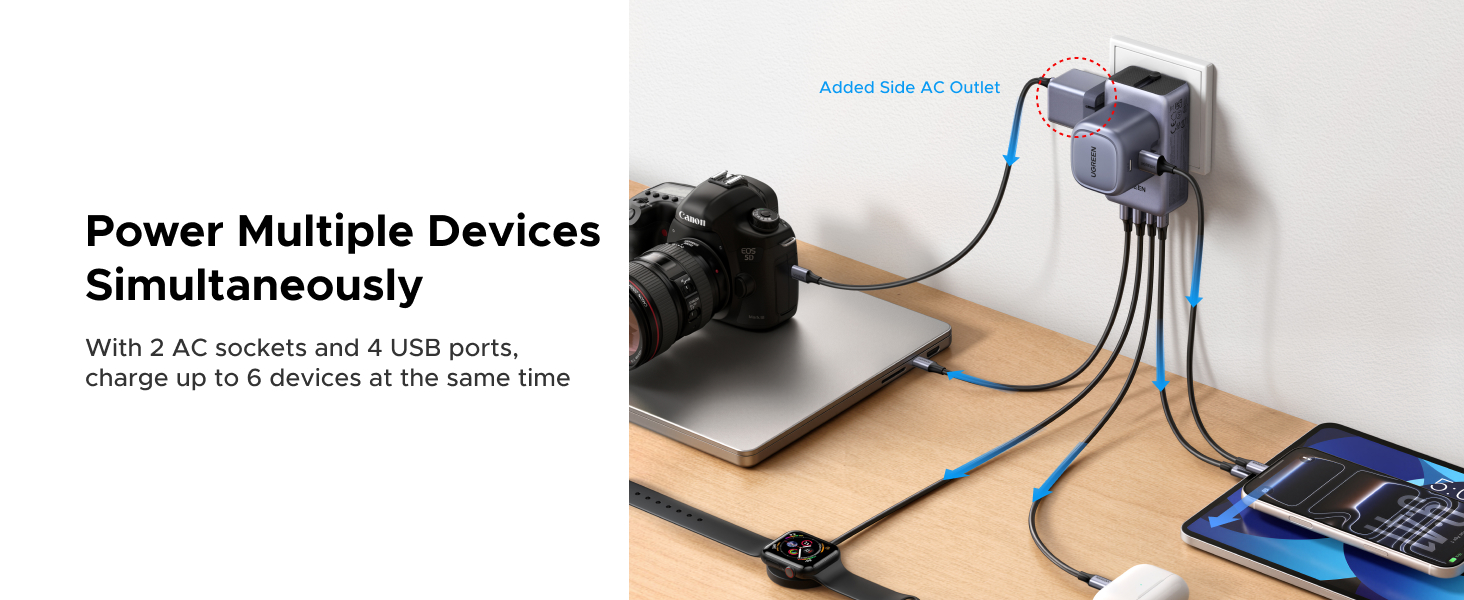 Power Multiple Devices Simultaneously, With 2 AC Sockets and 4 USB Ports