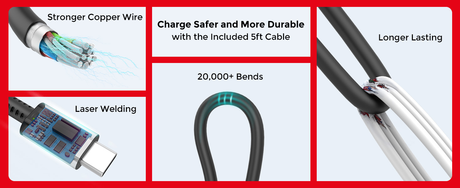 Charge Safer and More Durable with the Included 5ft Cable