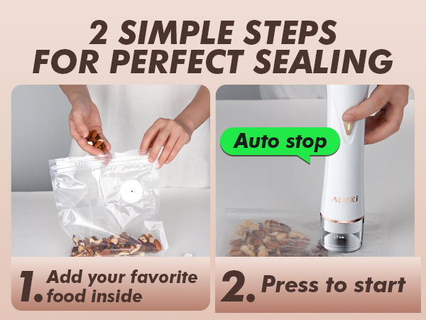2 step showing how easy to use a vacuum sealer: fill bag, seal with clip, press to start auto stop.
