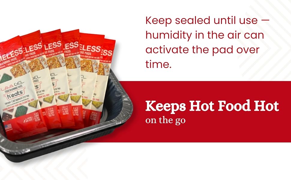 Sealed food warming pad packets arranged in a tray beside a caution about humidity activation