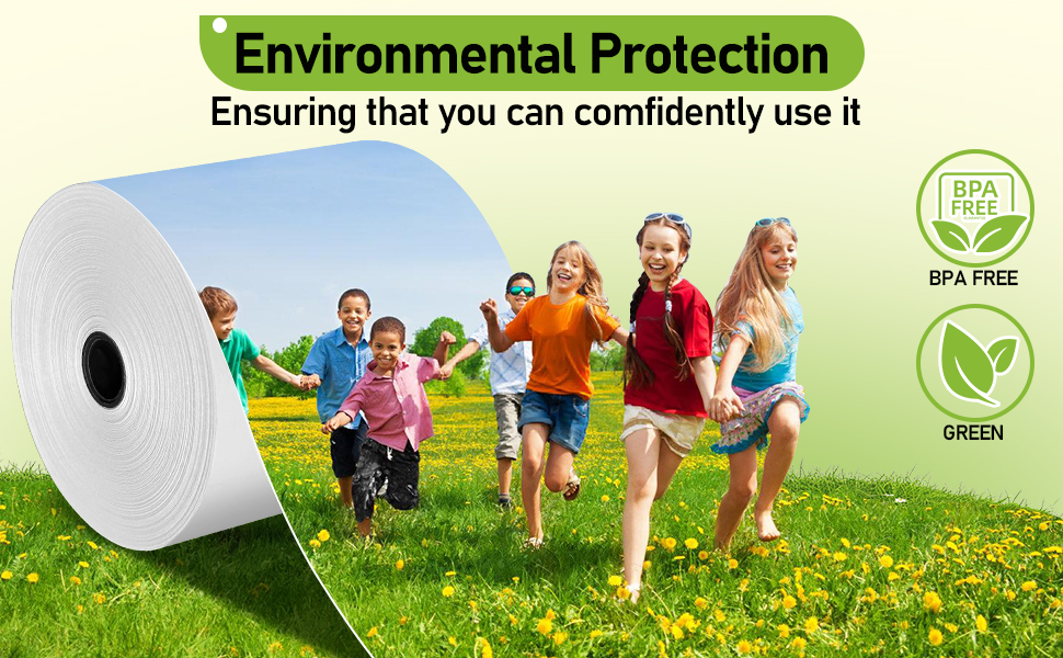 Text reads 'Environmental Protection' and 'Ensuring that you can confidently use it'. Image shows children running in a green field with environmental icons overlaid.