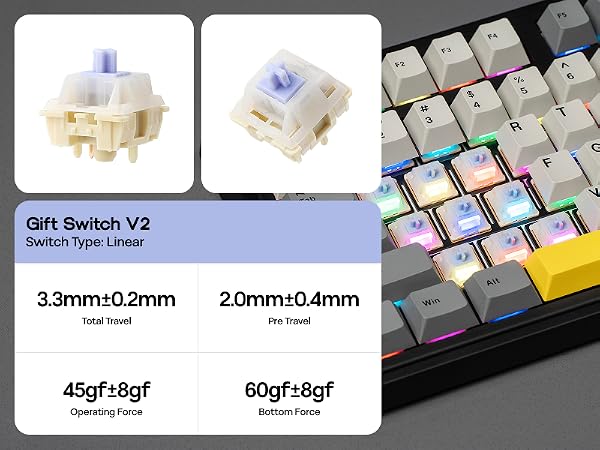 Text reads 'Diff Switch V2' and 'Switch Type Linear'. Close-up images of keyboard switches with measurements '3.3mm±0.2mm' and '2.0mm±0.4mm' indicated.