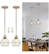 QHANTOMIZE 2 Pack Gold Pendant Lights, Modern Farmhouse Hanging Light Fixture with Metal Cage Sha...
