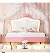 HXERY Full Size Upholstered Bed Frame with LED Lights,Modern Upholstered Princess Bed with Crown ...