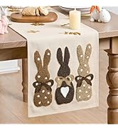 Artoid Mode Brown Soft Chain Embroidery Rabbit Bunny Happy Easter Table Runner, Seasonal Spring K...