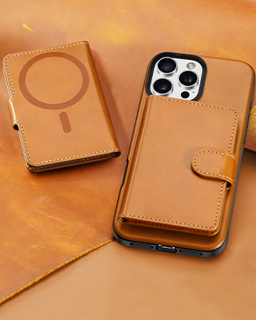 Tan leather phone cases on wooden surface. One case open, showing card slots. Another case attached to a smartphone with multiple camera lenses.