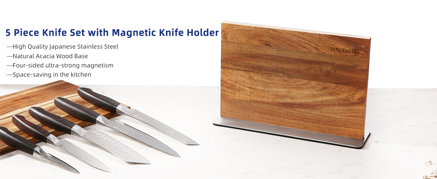 kitchen knife set with a wooden magnetic knife holder