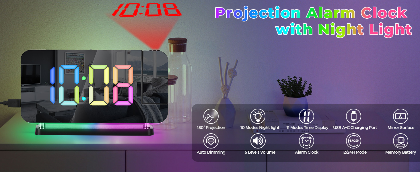 Projection led mirror digital alarm clock with rgb night light