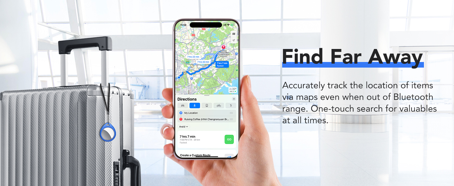 Text reads 'Find Far Away'. Mobile phone screen displaying navigation interface with location markers and directional guidance.