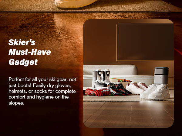 Text reads 'Skier's Must-Have Gadget' followed by 'Perfect for all your ski gear, not just boots: keep your car, equipment and back seats dry. Complete comfort and hygiene on the slopes.'