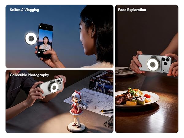 Text reads 'Selfies &amp; Vlogging', 'Food Exploration', 'Collective Photography'. Multi-panel image showing camera being used for various photography scenarios.