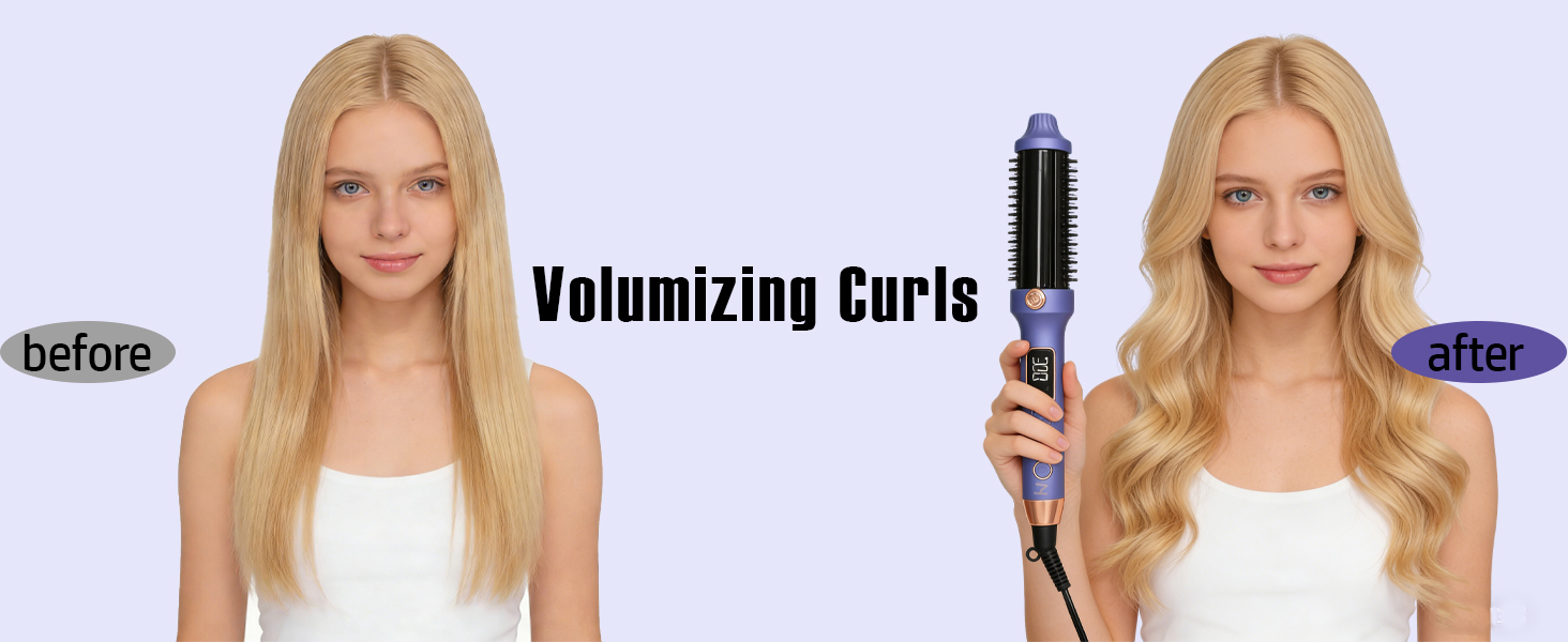 Text reads 'Volumizing Curls'. Before and after comparison showing transformation from straight to voluminous curled hairstyling results.