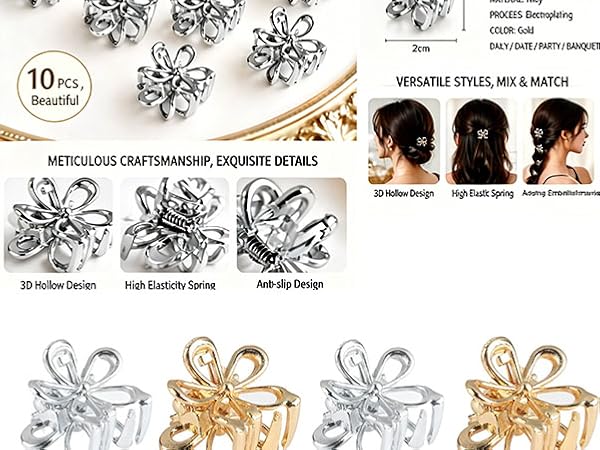 Gold Small Flower Hair Clips for Women