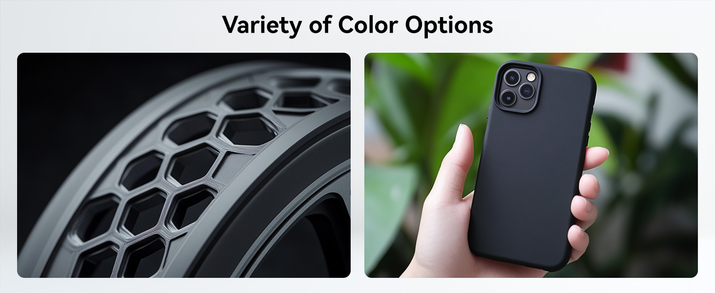 Split image showcasing product colors: left panel shows hexagonal pattern on gray surface, right panel displays hand holding black smartphone case with triple camera cutout.