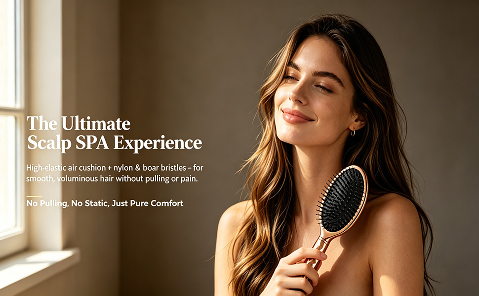 Woman holding gunmetal air cushion brush, smooth shiny hair, smiling.