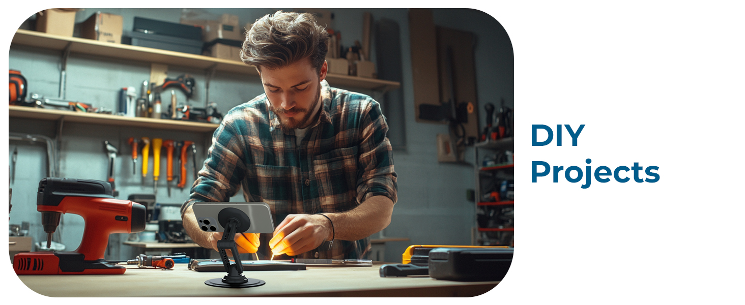 DIY workspace using a phone holder for desk and MagSafe stand for stable, hands-free project viewing
