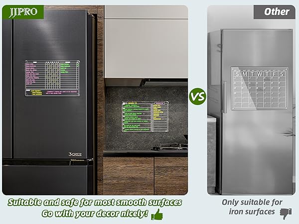 It can stick to any smooth surfaces such as stainless steel fridge, cabinets, and ceramics wall.