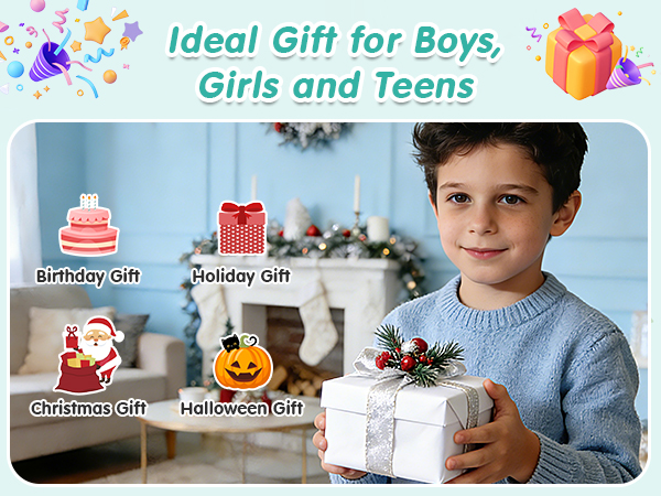 Text reads 'Ideal Gift for Boys, Girls and Teens', 'Birthday Gift', 'Holiday Gift', 'Christmas Gift', 'Halloween Gift'. Promotional images showing drawing tablet product in use.