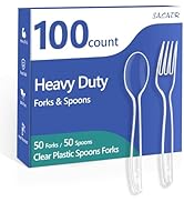 100 Count Plastic Silverware Heavy Duty -50 Forks, 50 Spoons, BPA-Free, Heat Resistant, Disposabl...