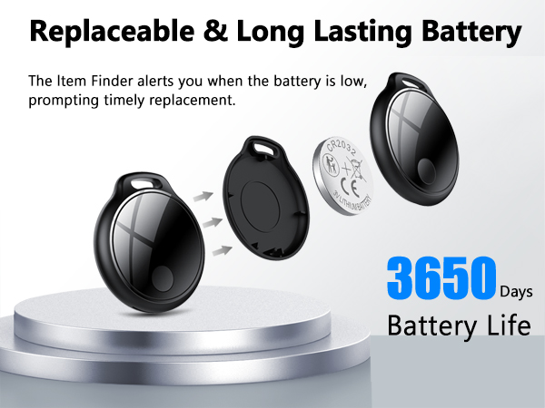 Text reads 'Replaceable &amp; Long Lasting Battery' and '3030 Days battery life'. Product diagram showing battery components and replacement process with multiple angles of a circular device.