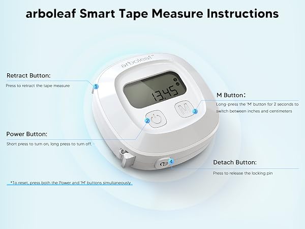 Body measuring tape with buttons to retract, detach, switch units, and power on or off for easy use