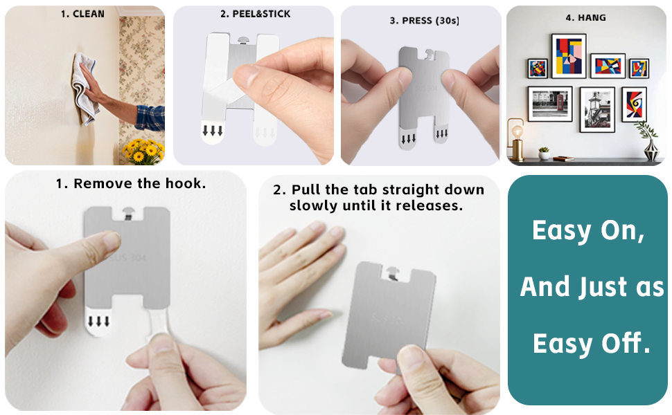 Text reads '1. Remove the hook', '2. Pull tab straight down slowly until it releases', 'Easy Off, Easy On'. Installation guide showing step-by-step removal process.