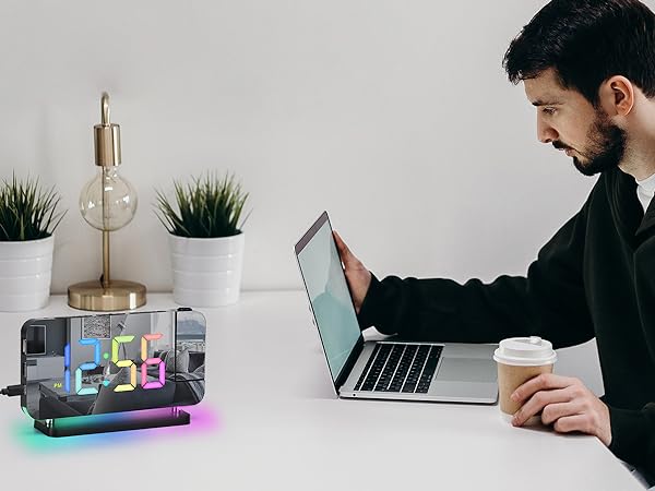 projection led mirror digital alarm clock with rgb night light