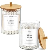 PureRoot Glass Qtip Holder Dispenser Set - 10oz Clear Canisters Apothecary Jar with Bamboo Lids, ...