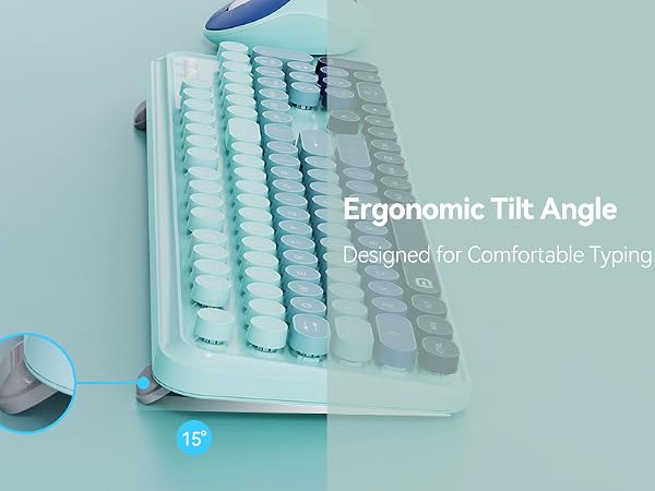 ergonomic teal keyboard with tilted angle for comfortable typing