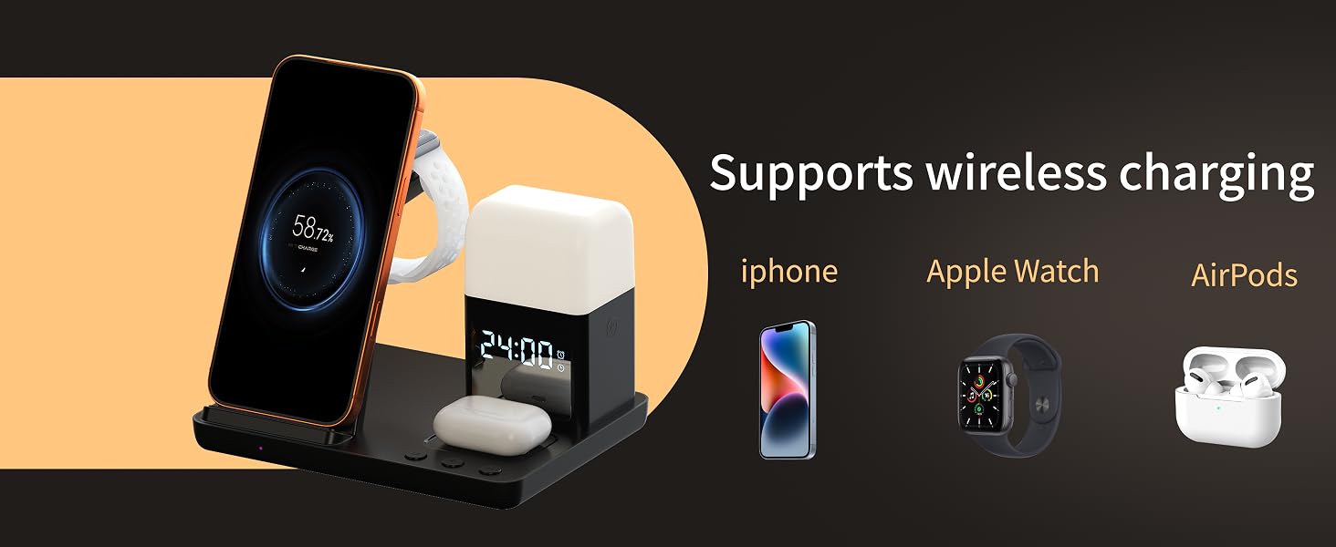 Wireless Charger for iPhone, 6in1 Fast Phone Charger Stand Dock Alarm Clock Night Light